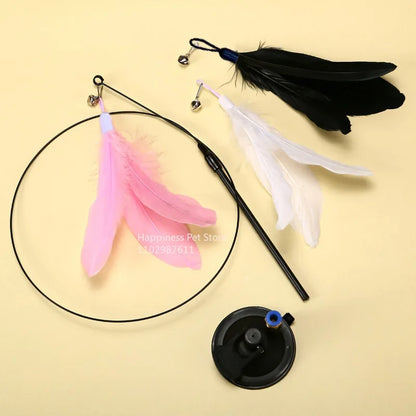 Cat toy, fishing rod with bell, suction cup, replaceable feather head