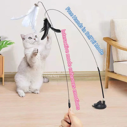 Cat toy, fishing rod with bell, suction cup, replaceable feather head