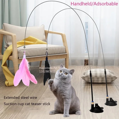 Cat toy, fishing rod with bell, suction cup, replaceable feather head