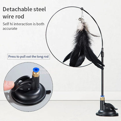 Cat toy, fishing rod with bell, suction cup, replaceable feather head